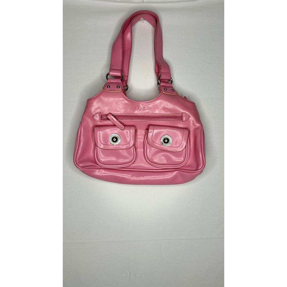 XOXO Pink Faux Leather Y2K Shoulder Bag Glossy Grommet Pocket Purse Bubblegum